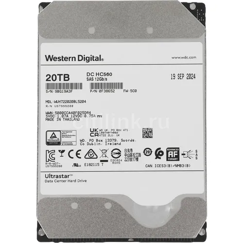 Жесткий диск WD Ultrastar DC HC560 WUH722020BL5204, 20ТБ, HDD, SAS 3.0, 3.5" [0f38652]