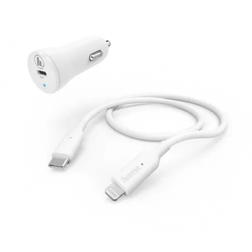 Автомобильное зарядное устройство HAMA H-183297, USB-C, 8-pin Lightning, 18Вт, 3A, белый [00183297]