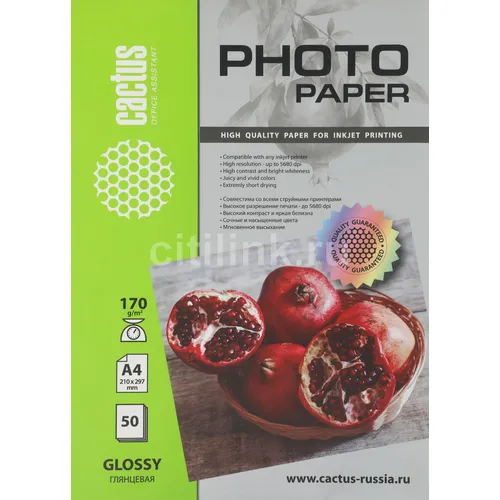 Фотобумага Cactus CS-GA417050, A4, для струйной печати, 50л, 170г/м2, белый, покрытие глянцевое