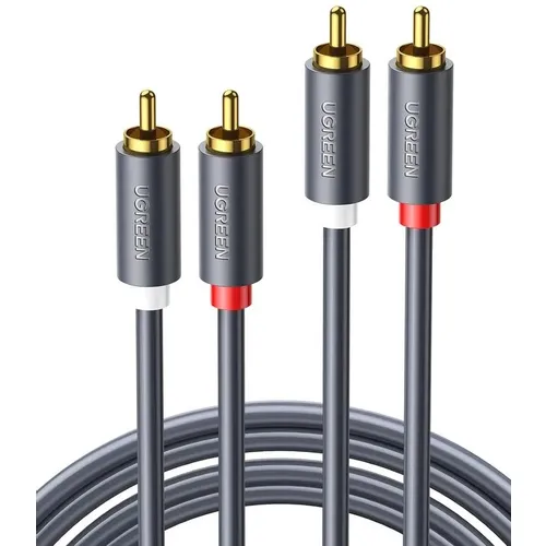 Кабель UGREEN AV104, 2xRCA (m) (прямой) - 2xRCA (m) (прямой), GOLD , ферритовый фильтр , 2м, черный [10518]