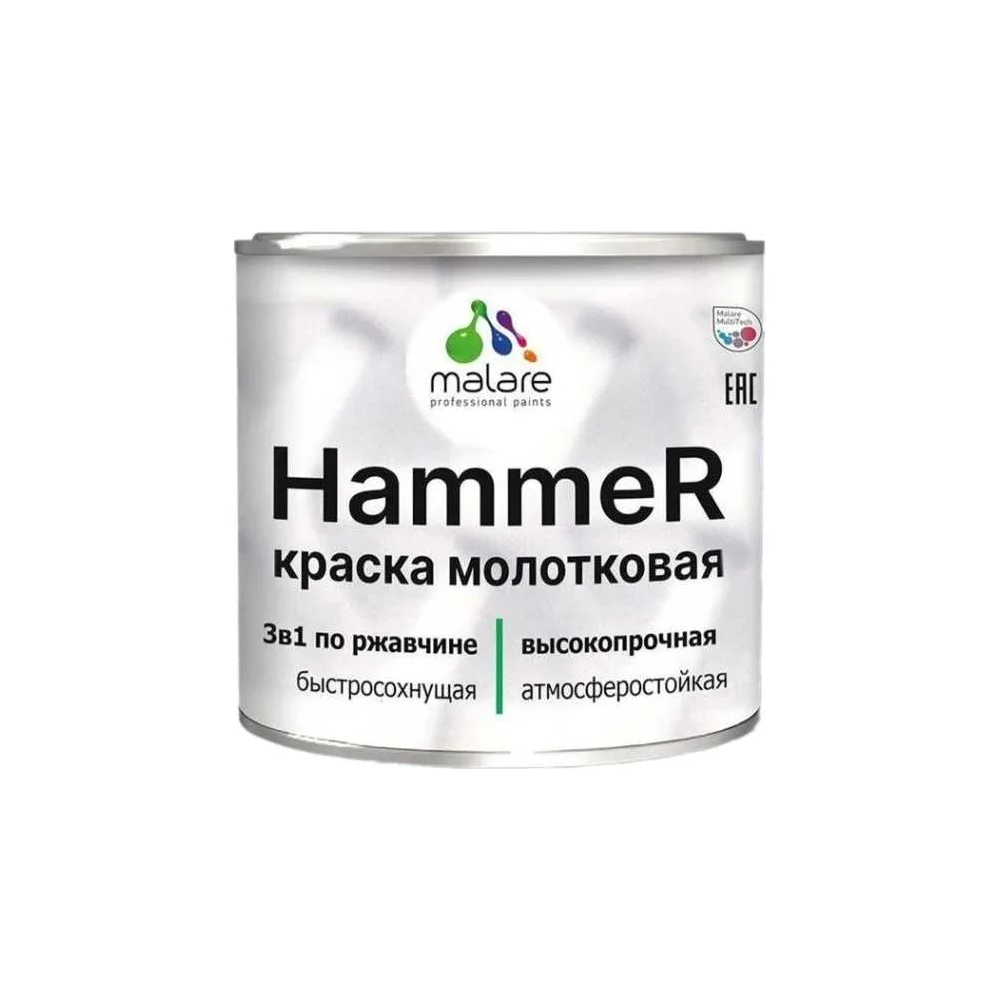 Грунт-эмаль MALARE Hammer для металлических поверхностей, молотковая краска, полуглянцевая, зеленый, 2,5 кг. 4620262400095