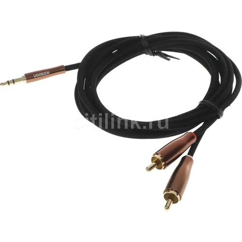 Кабель аудио UGREEN AV170, 2хRCA (f) - Jack 3.5 (f), 2м, GOLD, ф/фильтр, черный [80847]
