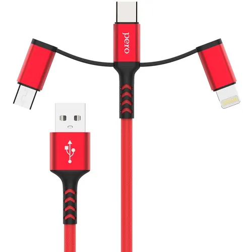 Кабель PERO DC-06, Lightning (m)/USB Type-C (m)/micro USB (m) - USB (m), 1м, 3A, красный [prdc-06u1mr]