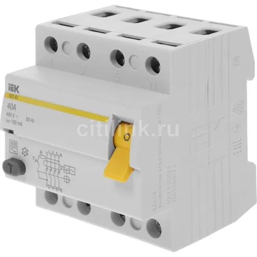 Выключатель дифф. тока (УЗО) IEK ВД1-63 (MDV10-4-040-100) 40A 4П 400В 4 модуля белый (упак.:1шт)