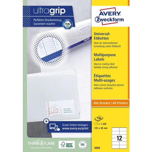 Этикетки Avery Zweckform 3424, A4, универсальная, 100л, 70г/м2, белый, 48мм х 105мм, 12шт, покрытие матовое