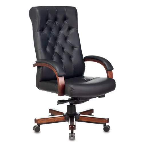 Кресло руководителя Бюрократ T-9928WALNUT, кожа, до 200кг, механизм со смещенной осью, фиксированные подлокотники, черный