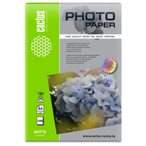 Фотобумага Cactus CS-MA4180100, A4, для струйной печати, 100л, 180г/м2, белый, покрытие матовое