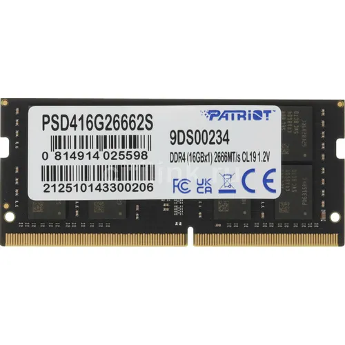 Оперативная память Patriot Signature PSD416G26662S DDR4 - 1x 16ГБ 2666МГц, для ноутбуков (SO-DIMM), Ret