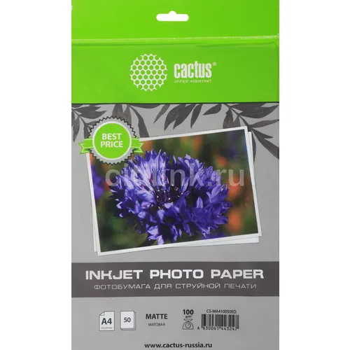 Фотобумага Cactus CS-MA410050ED, A4, для струйной печати, 50л, 100г/м2, белый, покрытие матовое