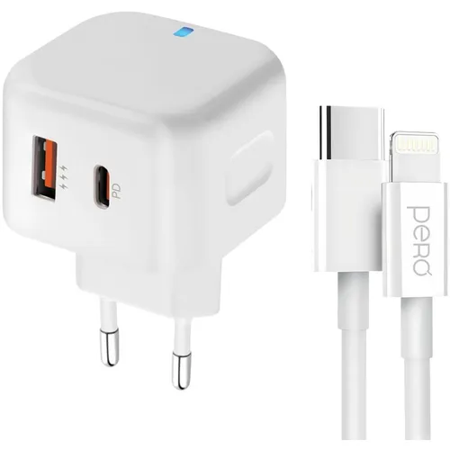 Сетевое зарядное устройство PERO TC10, USB-A, USB-C, 8-pin Lightning, 20Вт, 3.1A, белый [тс10clwh]