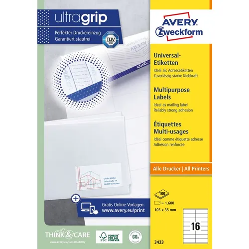 Этикетки Avery Zweckform 3423, A4, универсальная, 100л, 70г/м2, белый, 35мм х 105мм, 16шт, покрытие матовое