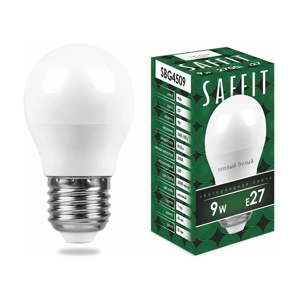 Светодиодная лампа SAFFIT SBG4509 9W 230V E27 2700K 55082
