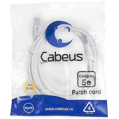 Патч-корд CABEUS вилка RJ-45, вилка RJ-45, кат.5E, LSZH, 2м, белый [pc-utp-rj45-cat.5e-2m-wh-lszh]