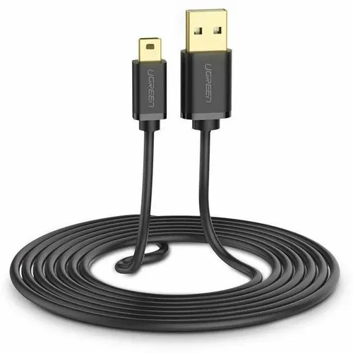Кабель UGREEN US132, USB 2.0 A(f) (прямой) - mini USB 3.0 B (f) (прямой), GOLD , ферритовый фильтр , круглое, 2м, черный [30472]
