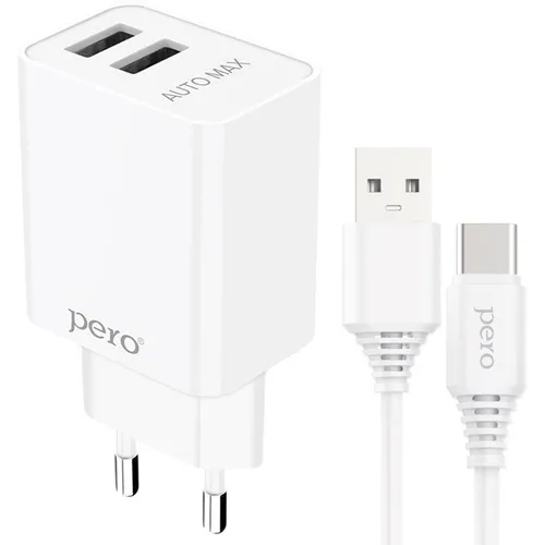 Сетевое зарядное устройство PERO ТС02, 2xUSB-A, USB-C, 10.5Вт, 2.1A, белый [тс02w2at]