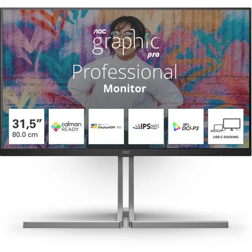 31.5" Монитор AOC U32U3CV, 3840x2160, NANO IPS, 2хHDMI, 1хDP, черный и серебристый