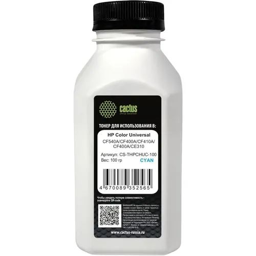 Тонер Cactus CS-THPCHUС-100, для HP Color Universal CF540A/CF400A/CF410A/CF400A/CE310, голубой, 100грамм, флакон