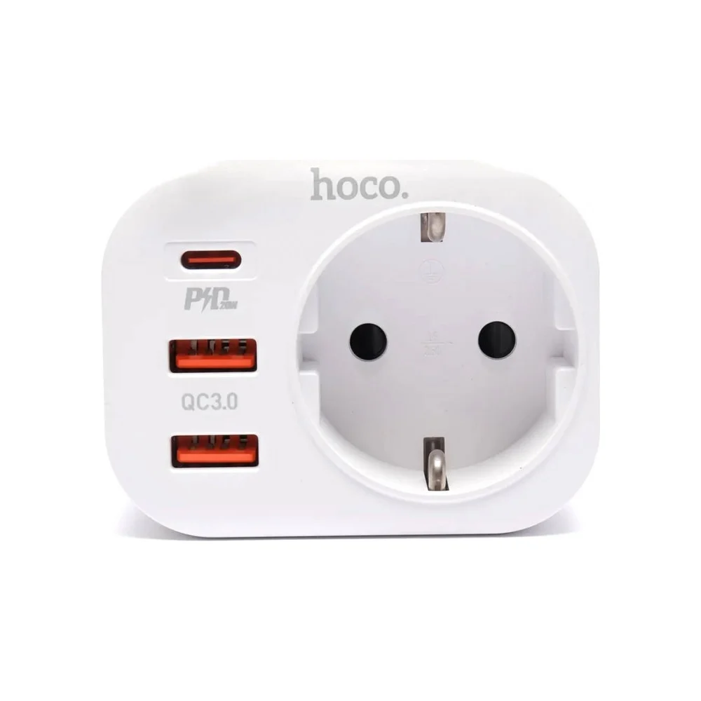 Однорозеточный сетевой фильтр Hoco ns3, 2xusb-a; type-c, 3а, белый 6931474766175