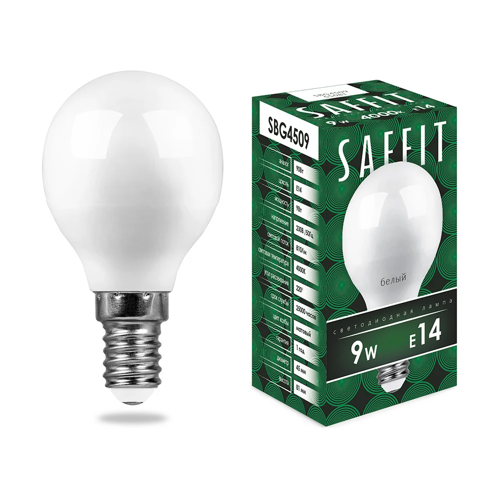 Светодиодная лампа SAFFIT SBG4509 9W 230V E14 4000K 55081