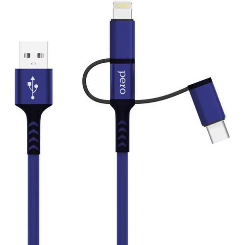 Кабель PERO DC-06, Lightning (m)/USB Type-C (m)/micro USB (m) - USB (m), 2м, 2.4A, синий [prdc-06u2mbl]