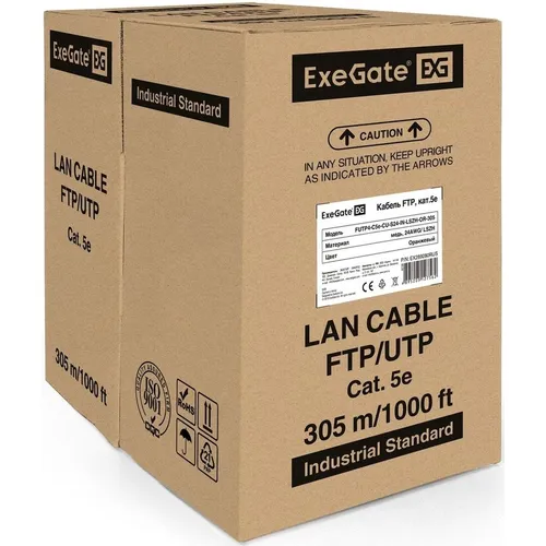 Кабель EXEGATE FUTP4-C5e-CU-S24-IN-LSZH-OR-305-FLUKE FTP F/UTP, кат.5E, 305м, 4 пары, 24AWG, медь, одножильный, оранжевый