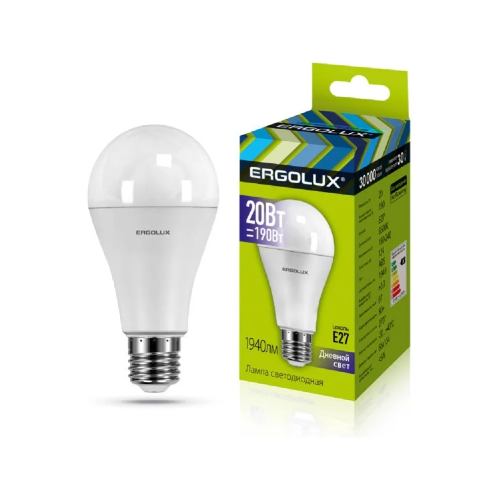 Электрическая светодиодная лампа Ergolux LED-A65-20W-E27-6K ЛОН 13184