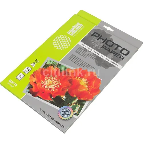 Фотобумага Cactus CS-MA419025, A4, для струйной печати, 25л, 190г/м2, белый, покрытие матовое