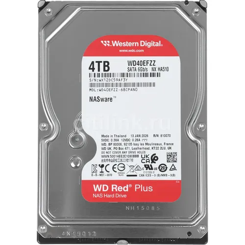 Жесткий диск WD Red Plus WD40EFZZ, 4ТБ, HDD, SATA III, 3.5"