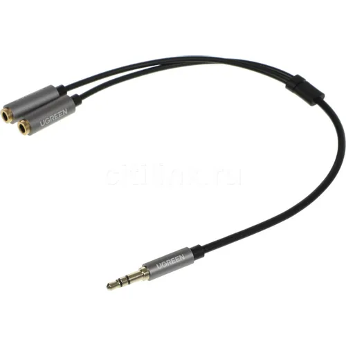 Кабель-переходник акустический UGREEN AV123, 2xJack 3.5 (f) - Jack 3.5 (m), 0.2м, черный [10532]