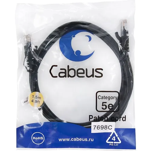 Патч-корд CABEUS PC-UTP-RJ45-Cat.5e-1.5m-BK-LSZH, вилка RJ-45, вилка RJ-45, кат.5E, LSZH, 1.5м, черный