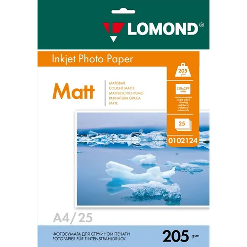 Фотобумага Lomond A4, для струйной печати, 25л, 205г/м2, белый, покрытие матовое [0102124]