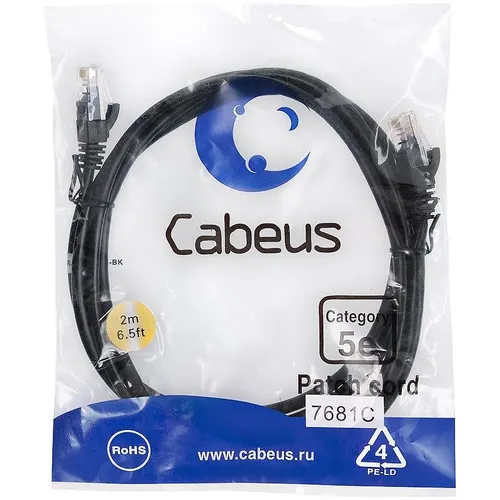 Патч-корд CABEUS вилка RJ-45, вилка RJ-45, кат.5E, ПВХ, 2м, черный [pc-utp-rj45-cat.5e-2m-bk]
