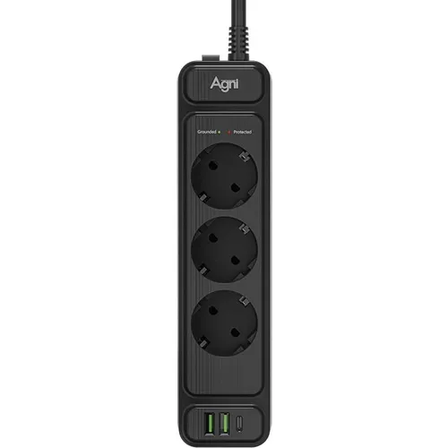 Сетевой фильтр AGNI TP-FS3U3E-PD, 2м, черный [tp-fs3u3e-pd-2m-black]