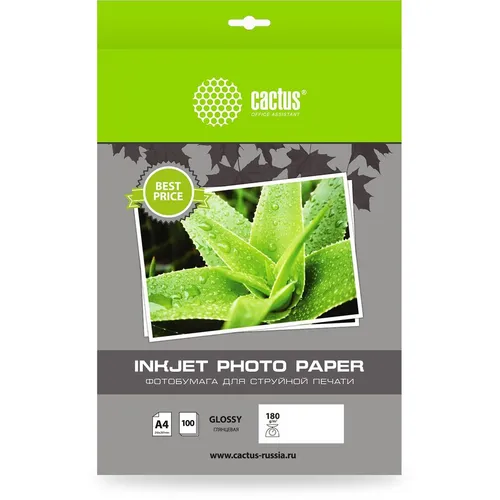 Фотобумага Cactus A4, для струйной печати, 100л, 180г/м2, белый, покрытие глянцевое [cs-ga4180100ed]