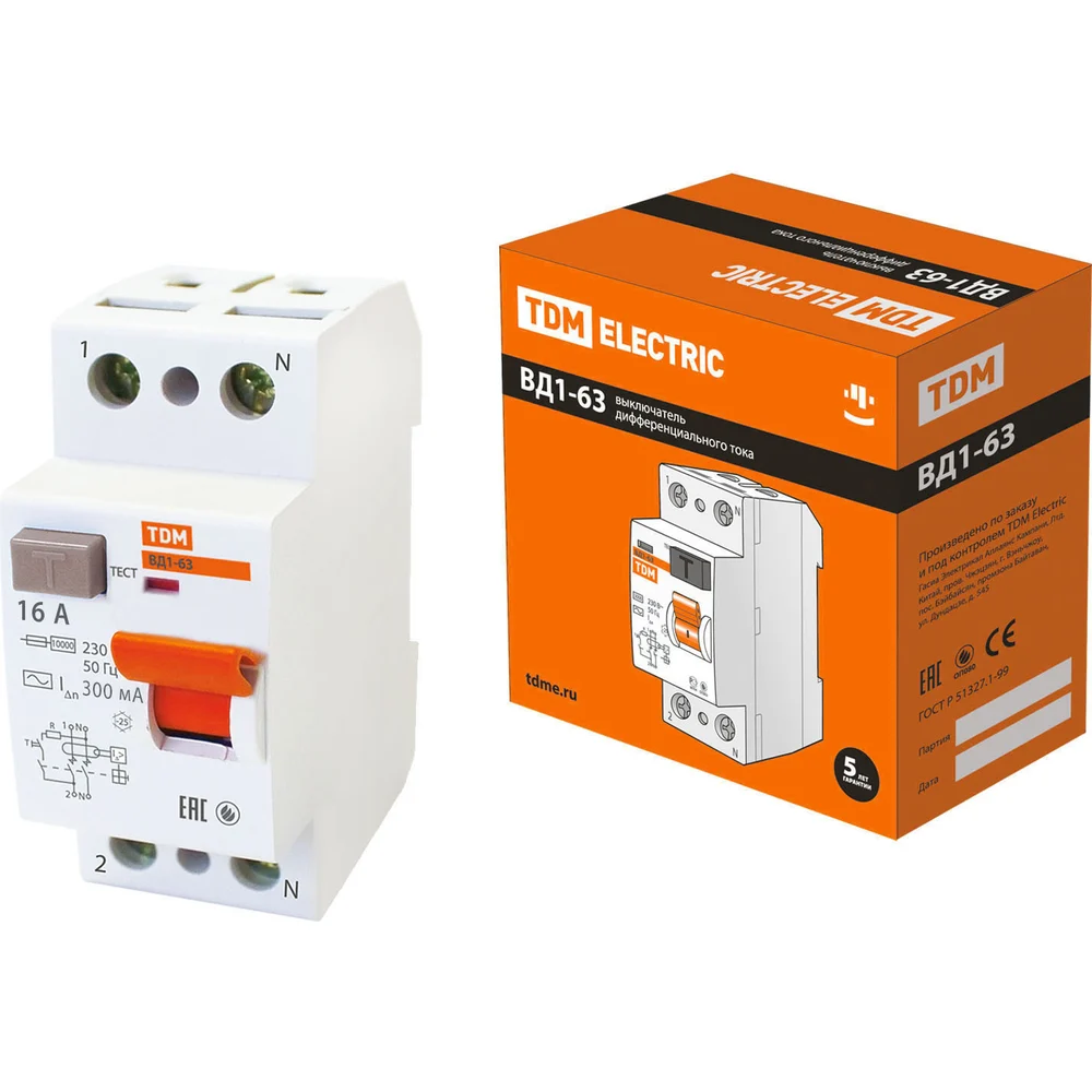 Узо TDM ELECTRIC ВД1-63 2Р, 16 А, 300 мА SQ0203-0003