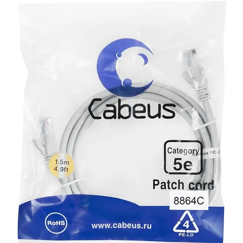 Патч-корд CABEUS вилка RJ-45, вилка RJ-45, кат.5E, LSZH, 1.5м, серый [pc-utp-rj45-cat.5e-1.5m-lszh]