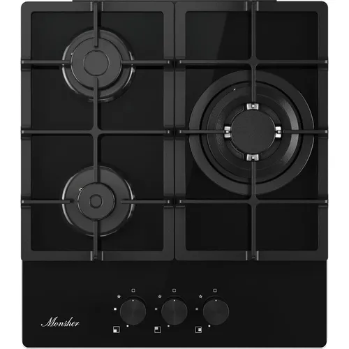 Газовая варочная панель MONSHER Hi-tech MGG 43 Noir, 3 конфорки, закаленное стекло, черный