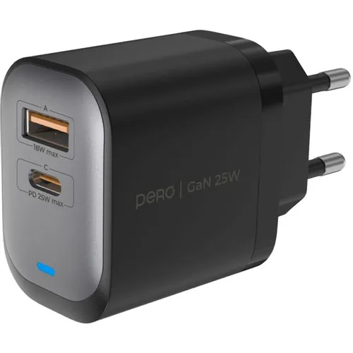 Сетевое зарядное устройство PERO ТС25, USB-A, USB-C, 25Вт, 3A, серый [тс25gr]
