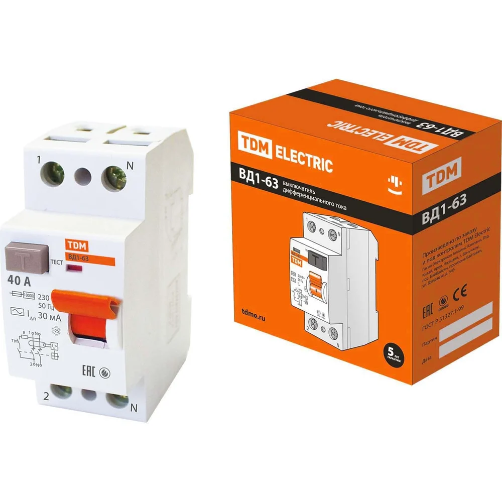 Узо TDM ELECTRIC ВД1-63 2Р, 40 А, 30 мА SQ0203-0013