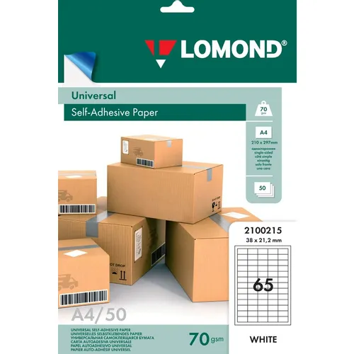 Этикетки Lomond A4, универсальная (с покрытием), 50л, 70г/м2, белый, 21.2мм х 38мм, 65шт [2100215]