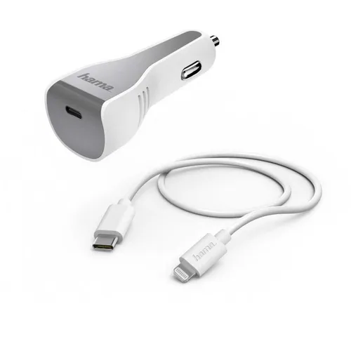 Автомобильное зарядное устройство HAMA H-183317, USB-C, 8-pin Lightning, 30Вт, 3A, белый [00183317]