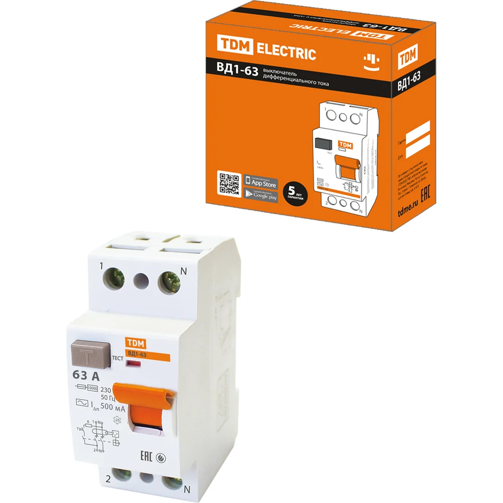 Узо TDM ELECTRIC ВД1-63 2Р 63А 500мА SQ0203-0095